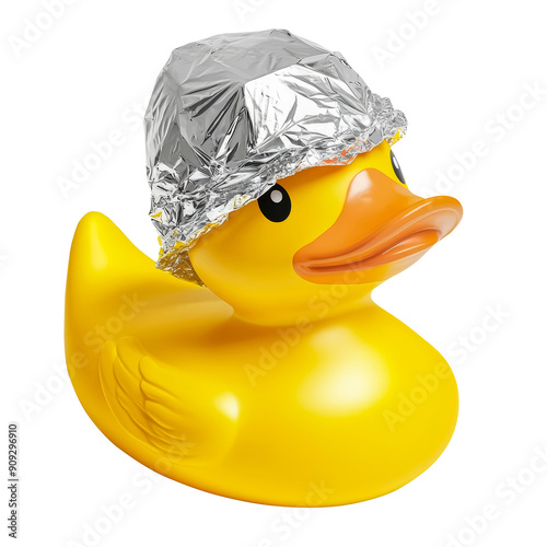 Yellow rubber duck wearing silver aluminium foil hat isolated on transparent background, png cutout. 