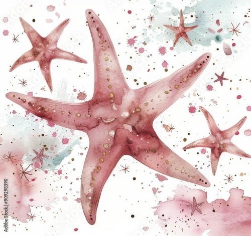 Colorful Starfish and Marine Life on Watercolor Background