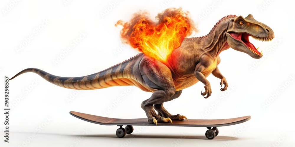 Fototapeta premium Dinosaur on Skateboard with Heart of Fire, 3D Render, Illustration, Dinosaur, Skateboarding, Heart, Fire