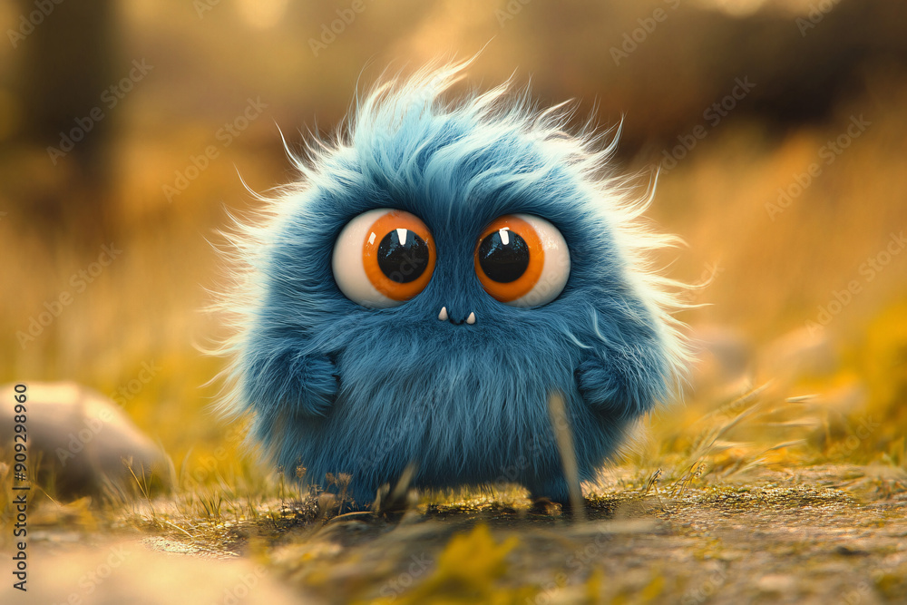 A cute, fluffy blue creature with large eyes stands in a warm, grassy field, radiating an adorable and endearing vibe A cute, fluffy blue creature with large eyes stands in a warm, grassy field, radiating an adorable and endearing vibe