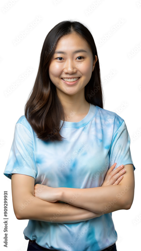 Young Woman Smiling While Standing With Arms Crossed in Light Blue Tie-Dye T-Shirt Young Woman Smiling While Standing With Arms Crossed in Light Blue Tie-Dye T-Shirt