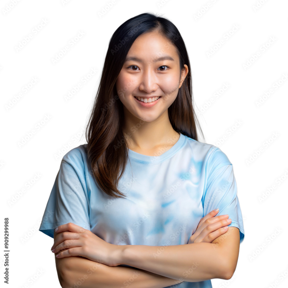 Smiling Young Woman with Long Hair and Tie-Dye on Transparent Background Smiling Young Woman with Long Hair and Tie-Dye on Transparent Background