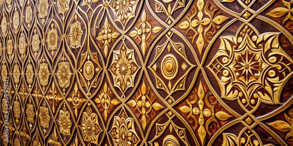 Intricate Golden Carving on Wooden Panel, intricate, wood carving, islamic art, pattern , design Intricate Golden Carving on Wooden Panel, intricate, wood carving, islamic art, pattern , design