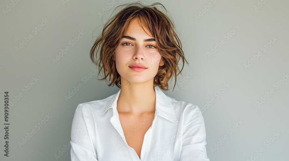 A young woman with a confident gaze and tousled short hair, dressed in a simple white shirt, presents a modern, effortless style against a neutral background. A young woman with a confident gaze and tousled short hair, dressed in a simple white shirt, presents a modern, effortless style against a neutral background.