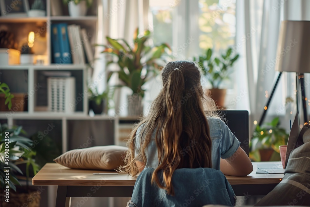 Beautiful girl using laptop for studying online at home and doing homework Beautiful girl using laptop for studying online at home and doing homework