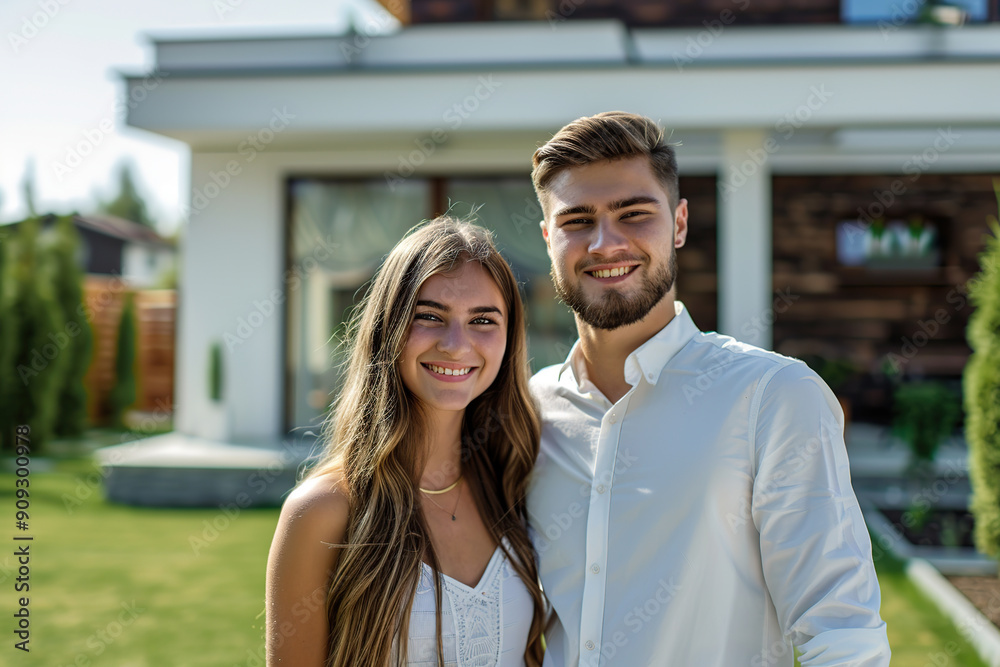 Portrait of happy young couple near new modern house Portrait of happy young couple near new modern house