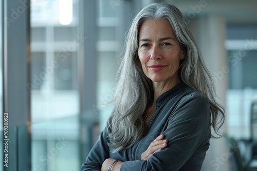 Portrait of attractive mature woman with long gray hair in business office