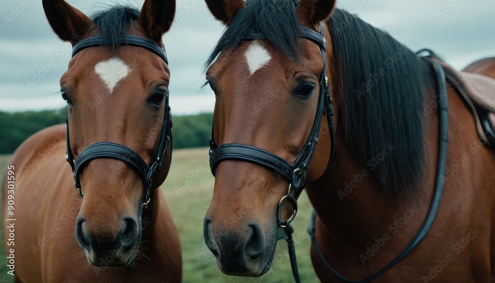 Obraz premium A majestic brown horse stands serenely against a backdrop of lush green forest. The sunlight highlights its glossy coat and gentle eyes, embodying the tranquil beauty of nature