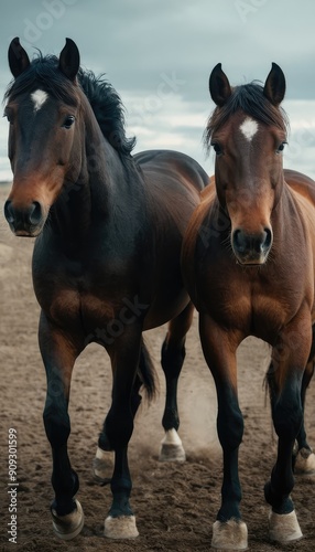 A majestic brown horse stands serenely against a backdrop of lush green forest. The sunlight highlights its glossy coat and gentle eyes, embodying the tranquil beauty of nature