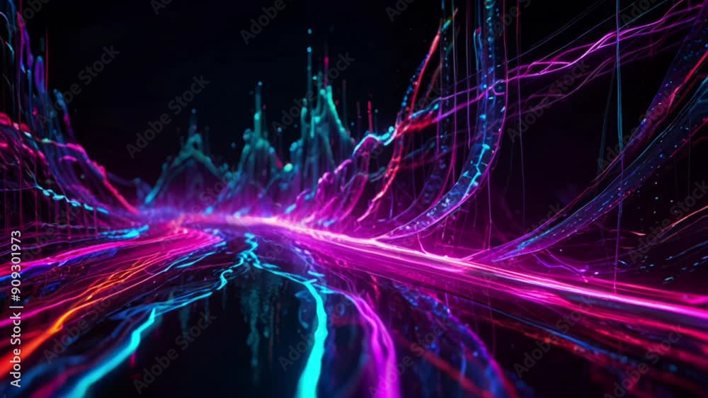 Abstract background with colorful glowing streaks waving in dark space. natural power particles Colorful gradient wave energy lines are very beautiful. Futuristic signal network waves. 4K Abstract background with colorful glowing streaks waving in dark space. natural power particles Colorful gradient wave energy lines are very beautiful. Futuristic signal network waves. 4K