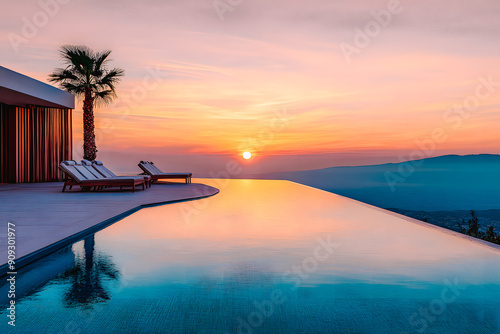 Obraz na płótnie Piscine et palmiers au coucher du soleil w salonie