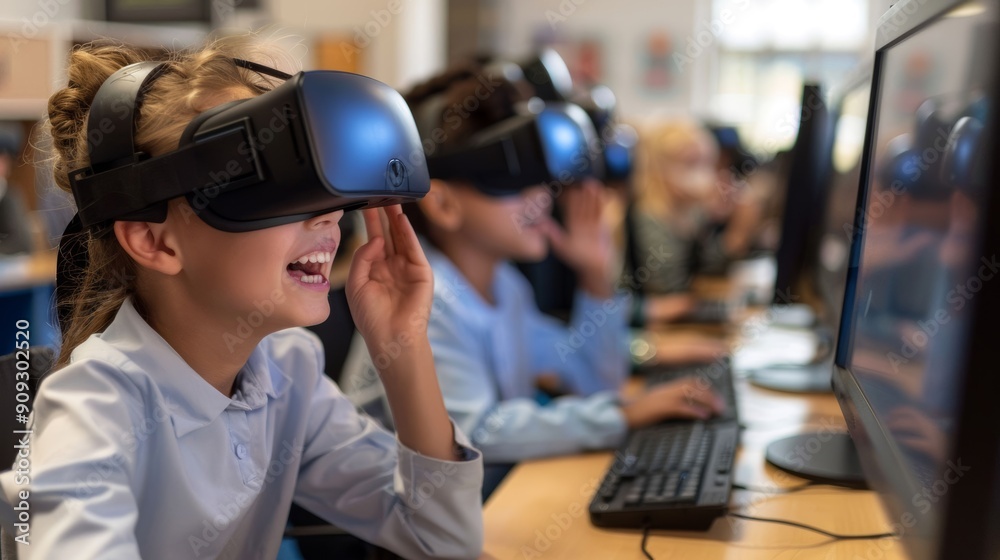 A group of happy and excited primary school children wearing VR headsets sit at computers in the classroom A group of happy and excited primary school children wearing VR headsets sit at computers in the classroom