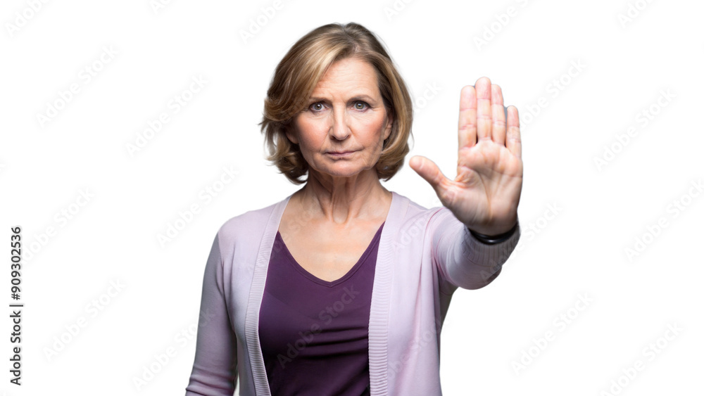 Woman Holding Up Hand to Signal Stop on a Transparent Background Woman Holding Up Hand to Signal Stop on a Transparent Background