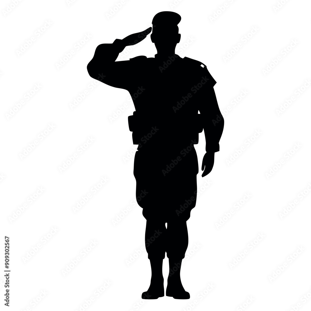 Fototapeta premium a army soildier stand and salute position, vector silhouette isolated white background