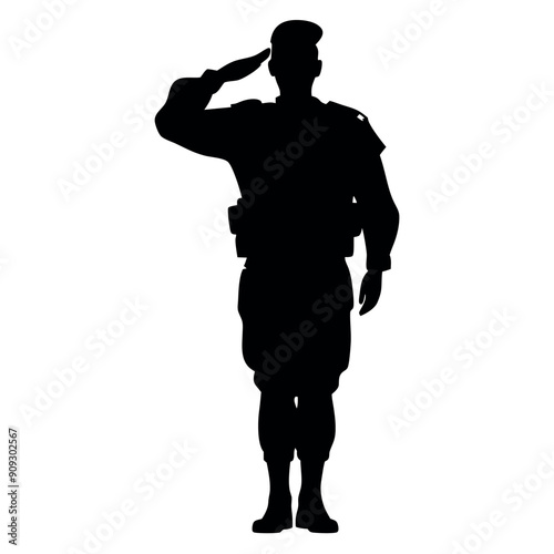 a army soildier stand and salute position, vector silhouette isolated white background