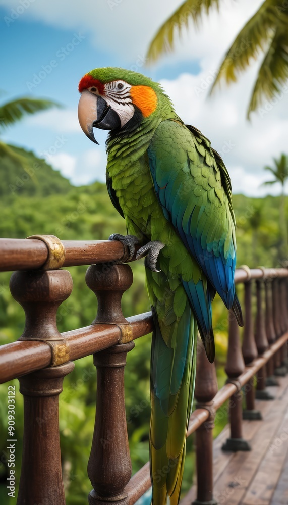 Obraz premium Amidst a verdant paradise, a striking parrot with a fiery red crest surveys the scene, its piercing gaze and colorful plumage a vivid splash against the jungle's deep green canvas