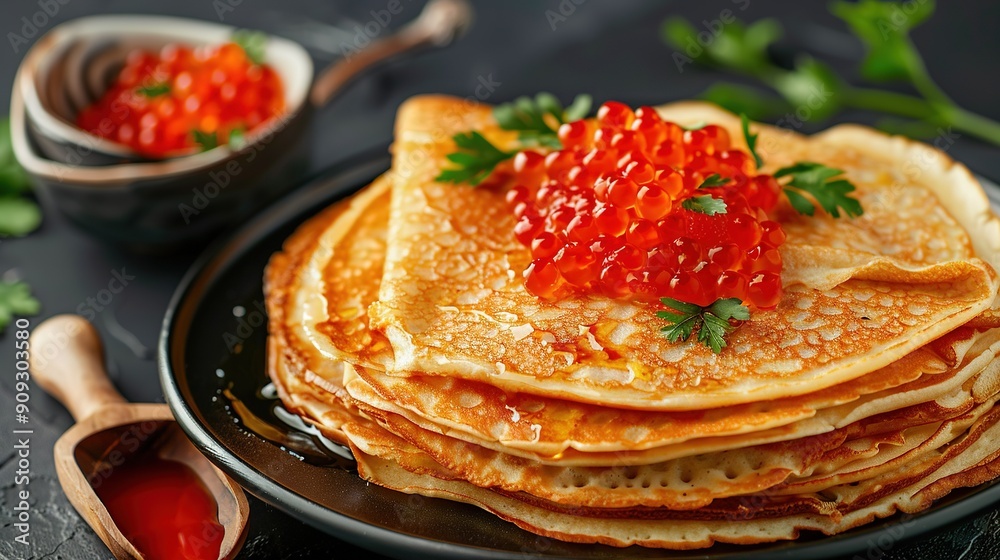 A pancake stack with a strawberry on top & a ketchup bowl A pancake stack with a strawberry on top & a ketchup bowl