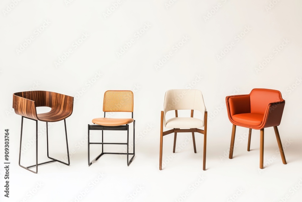 Six unique designer chairs in a grid. Diverse styles and vibrant colors. Showcasing modern furniture design on a plain white background. Six unique designer chairs in a grid. Diverse styles and vibrant colors. Showcasing modern furniture design on a plain white background.