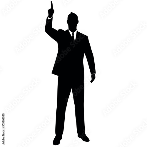 A business man stand with pointing his finger on the up vector silhouette