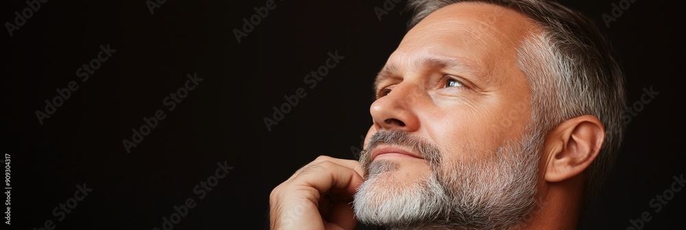 Fototapeta premium Contemplation: A mature man with a distinguished beard ponders against a stark black backdrop, inviting reflection and introspection. 