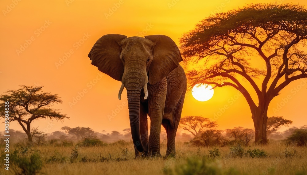 Obraz premium A majestic elephant stands serenely on the African savanna, silhouetted against a vibrant orange sunset, with acacia trees dotting the horizon