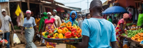 Vibrant Market Life: A young man carries a basket brimming with vibrant peppers, showcasing the hustle and bustle of a bustling African market.  The scene evokes a sense of cultural richness and commu photo