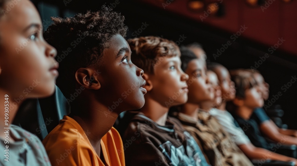 a group of teenagers in a theater, enjoying each other's company while watching a movie a group of teenagers in a theater, enjoying each other's company while watching a movie