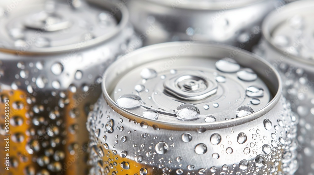 A close-up of a can of soda with water droplets on top and bottom A close-up of a can of soda with water droplets on top and bottom