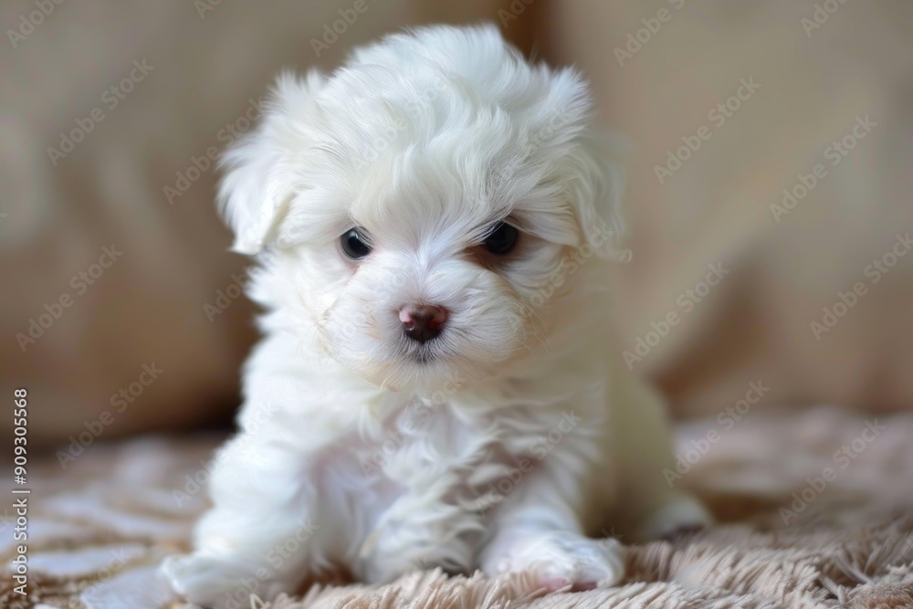 Cute small white puppy with soft fur looking curiously while sitting on a plush surface Cute small white puppy with soft fur looking curiously while sitting on a plush surface