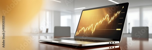 A golden graph glowing on a laptop screen, indicating profitable investment strategies. digital currency concept