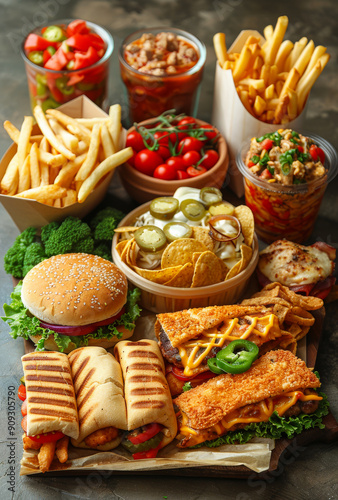 Delicious Spread of Fast Food and Snacks on a Table Setting. A variety of fast food items including burgers, sandwiches, fries