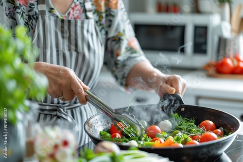 Close-up of a woman cooking fresh vegetables in a modern kitchen with a striped apron