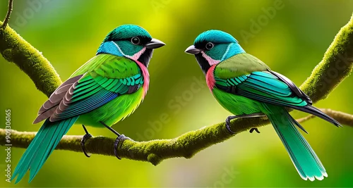 Obraz Piękne, kolorowe ptaki na gałęzi w lesie deszczowym