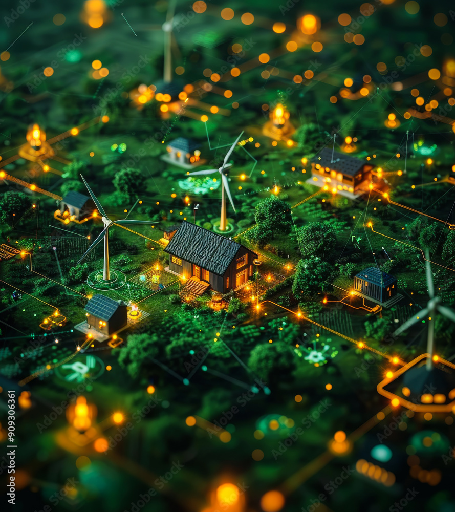 View of Miniature Smart Village With Wind Turbines at Night. A miniature ...