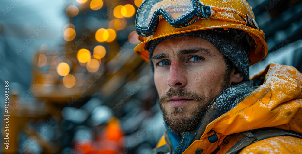 Construction Worker in Snowy Environment With Bright Equipment. A construction worker stands in a snowy setting, wearing warm gear and protective goggles