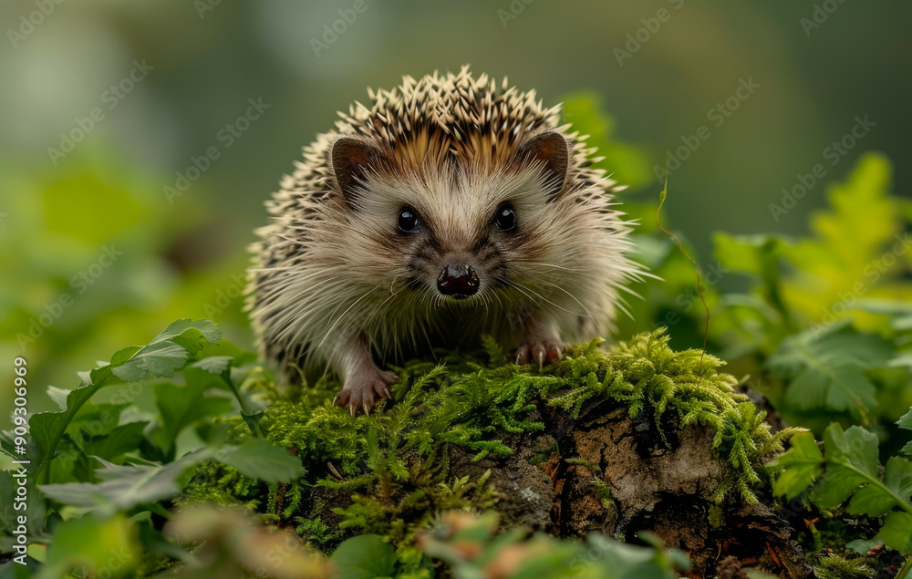 A Hedgehog Exploring Mossy Terrain in a Lush Forest Setting. A curious hedgehog navigates through vibrant green moss in a serene forest. A Hedgehog Exploring Mossy Terrain in a Lush Forest Setting. A curious hedgehog navigates through vibrant green moss in a serene forest.