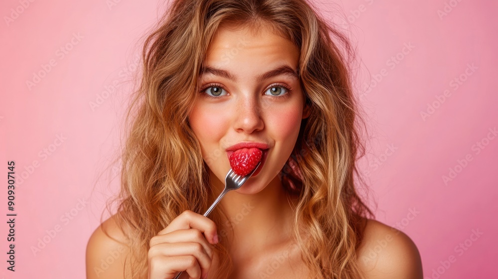 Young Woman Eating Strawberry on Fork Young Woman Eating Strawberry on Fork