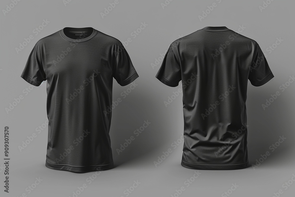 Black t-shirt mockup with front and back views for presenting designs and patterns. Black t-shirt mockup with front and back views for presenting designs and patterns.