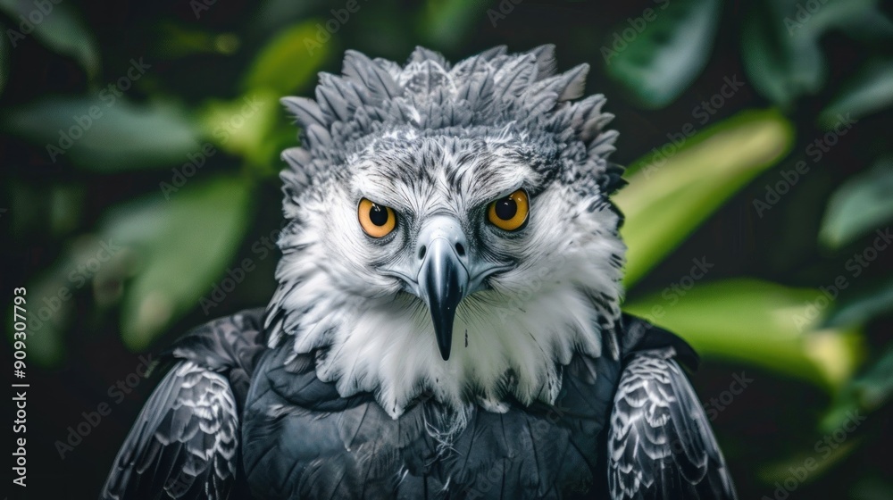Obraz premium a close-up of a proud harpy eagle's face with tropical rainforest foliage behind
