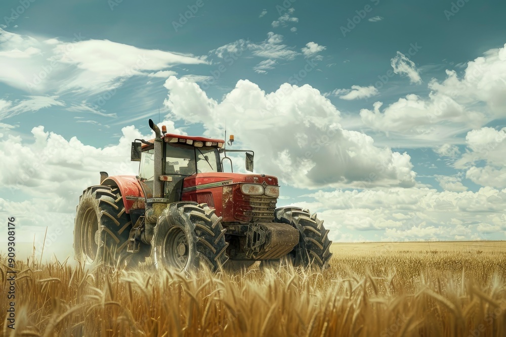 Obraz premium Modern red tractor working on a vast wheat field under a cloudy sky