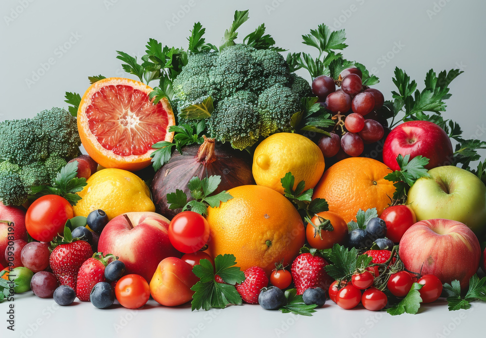 Fresh Fruits and Vegetables Displayed on a Neutral Background. A vibrant assortment of fruits and vegetables arranged artistically with fresh greens. Fresh Fruits and Vegetables Displayed on a Neutral Background. A vibrant assortment of fruits and vegetables arranged artistically with fresh greens.