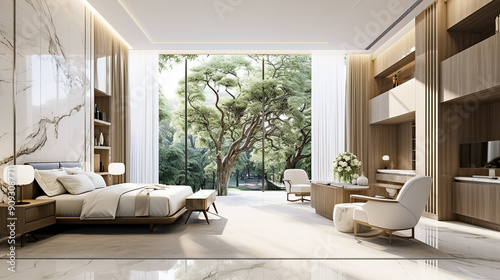 luxury hotel bedroom suite in tropical with big tree on the wall. Design and architectural concept of a recreation area in a modern home.