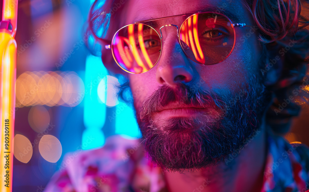Man With Sunglasses in Colorful Neon Lights at Night. A young man wearing sunglasses poses confidently amidst vibrant neon lighting. Man With Sunglasses in Colorful Neon Lights at Night. A young man wearing sunglasses poses confidently amidst vibrant neon lighting.