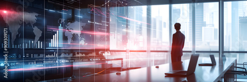 IT working analysis multiple monitors control cyber global, data charts, laptop