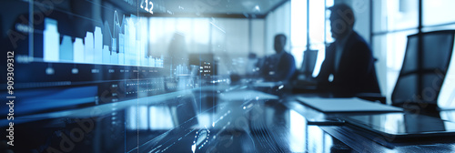 IT working analysis multiple monitors control cyber global, data charts, laptop