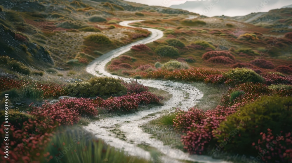 A winding path through a scenic landscape of vibrant, colorful bushes with distant hills and foggy sky in the background. A winding path through a scenic landscape of vibrant, colorful bushes with distant hills and foggy sky in the background.