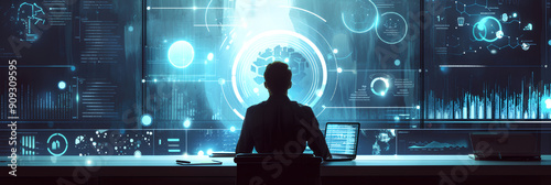 IT working analysis multiple monitors control cyber global, data charts, laptop