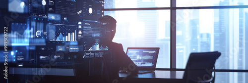 IT working analysis multiple monitors control cyber global, data charts, laptop