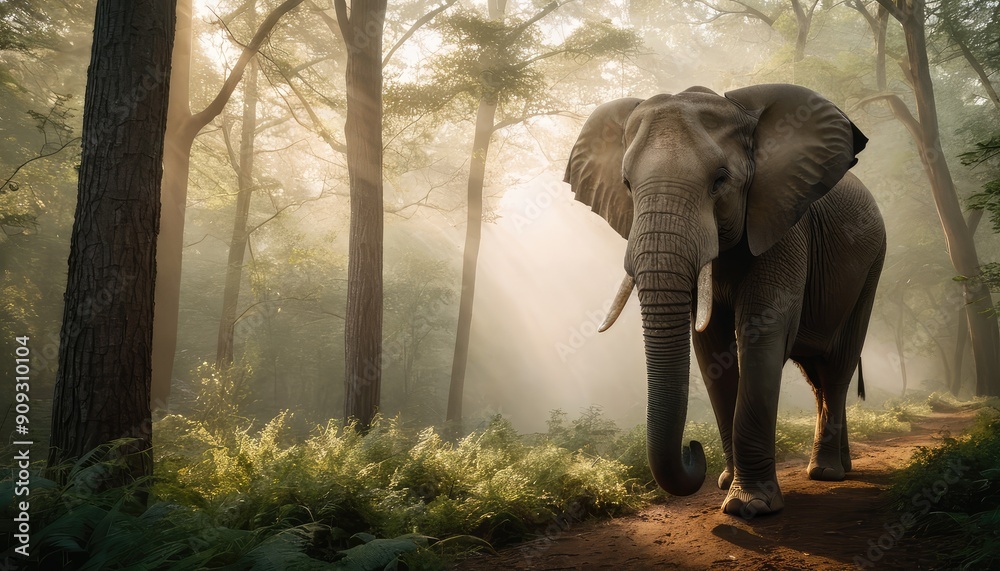 Fototapeta premium In the tranquil embrace of the forest, an elephant emerges through the morning mist, its presence exuding strength and grace against the backdrop of lush greenery