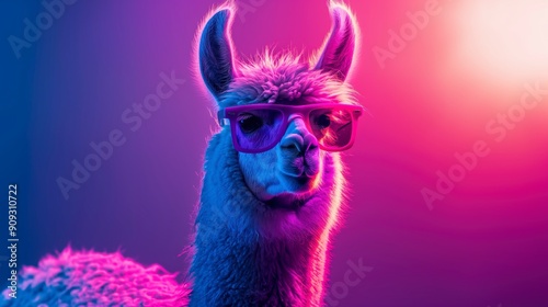 Stylish llama wearing oversized pink sunglasses, set against a vibrant purple and pink gradient background | Modern Large Language Models concept